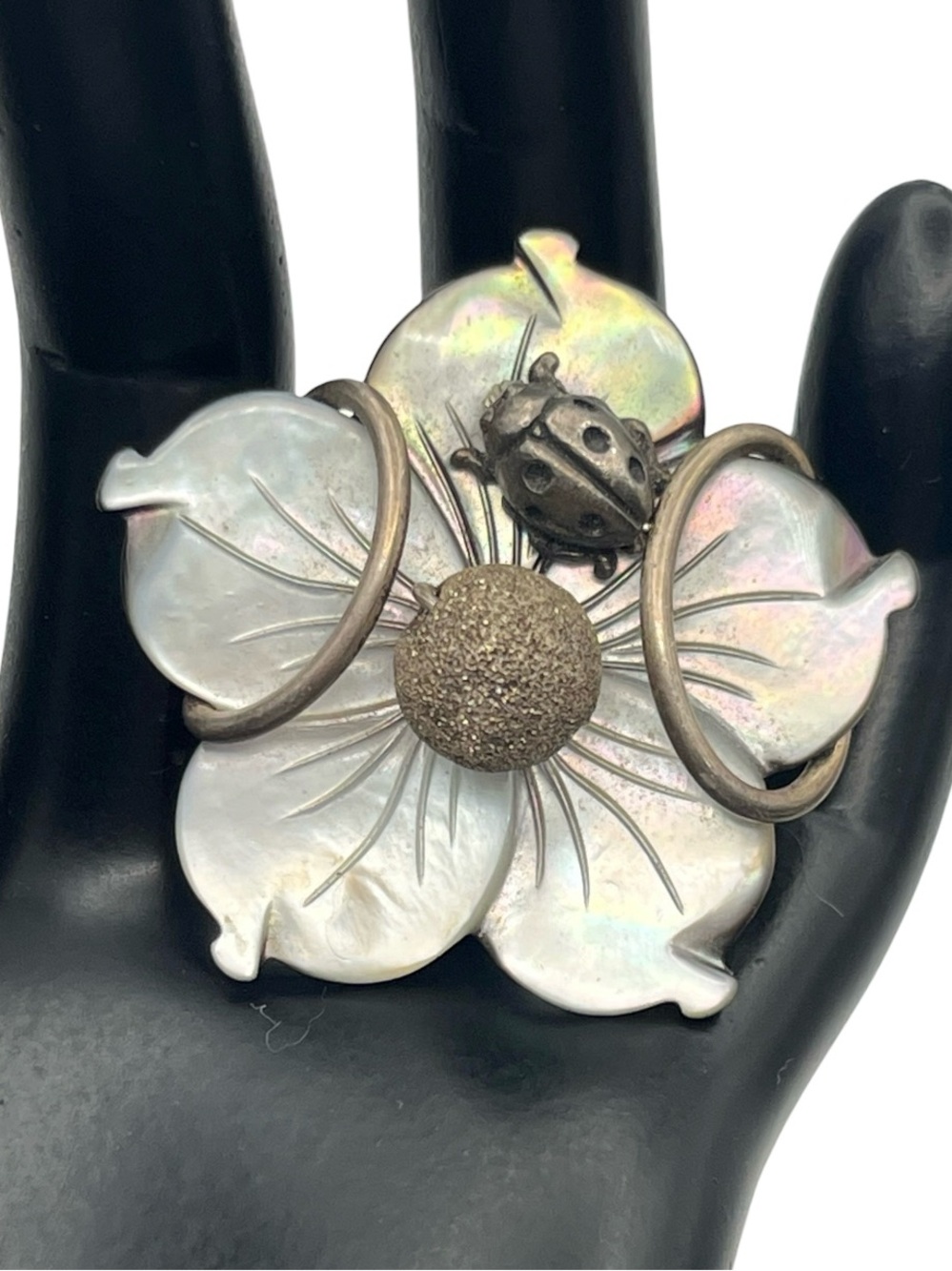 Mother of pearl oversized flower handmade sterling silver ring ladybug sz 5.75